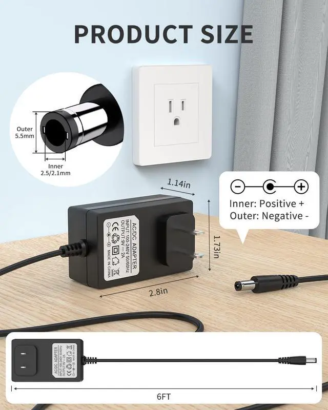 Alt view image 4 of 7 - 9V 2A AC Adapter, 6ft Cord, 5.5mm x 2.1mm & 2.5mm Barrel Jack, 100V-240V Input, 9V 2A Output, Advanced Safety Protections, Compatible with Routers, LED Strip Lights, Speakers & More