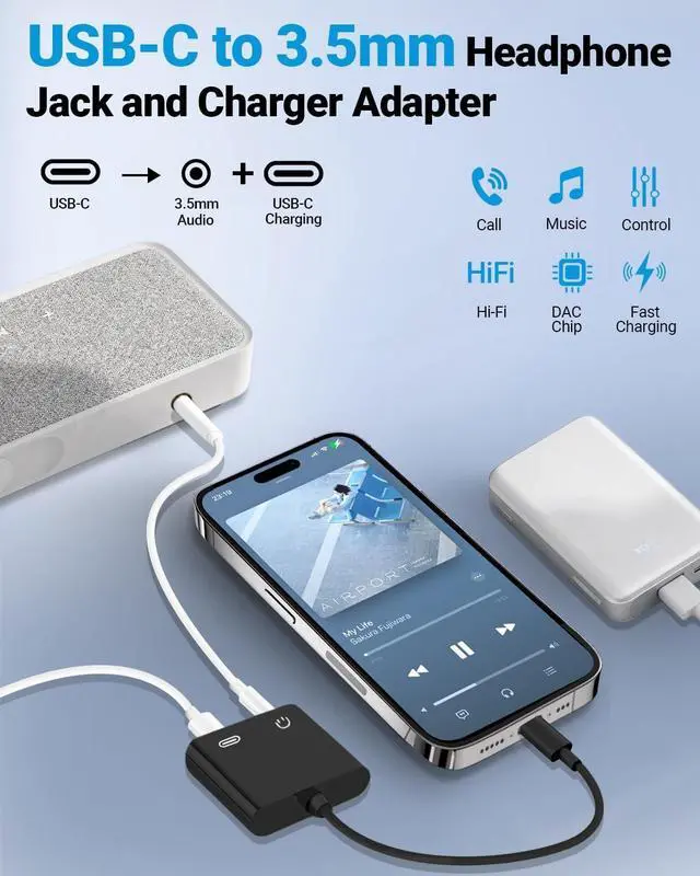 Alt view image 2 of 7 - USB C to 3.5mm Headphone Jack and Charger Adapter, 2-in-1 Audio & Fast Charging Splitter for Apple iPhone 17/16/15/Pro/Pro Max, iPad, Samsung, Pixel, and More 5Pack Black