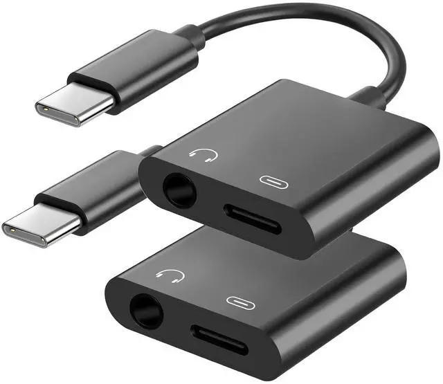 Main image of USB C to 3.5mm Headphone Jack and Charger Adapter, 2-in-1 Audio & Fast Charging Splitter for Apple iPhone 17/16/15/Pro/Pro Max, iPad, Samsung, Pixel, and More 2Pack Black