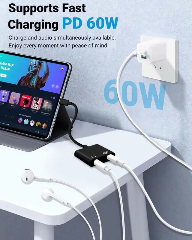 Alt view image 3 of 7 - USB C to 3.5mm Headphone Jack and Charger Adapter, 2-in-1 Audio & Fast Charging Splitter for Apple iPhone 17/16/15/Pro/Pro Max, iPad, Samsung, Pixel, and More 5Pack Black