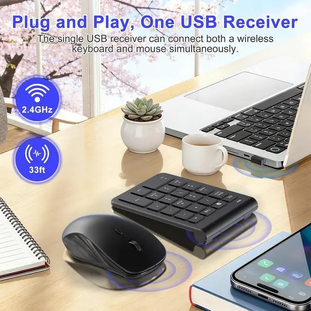Alt view image 2 of 7 - Wireless Mouse and Number Pad Combo - 22 Key USB Keypad and 3 Adjustable DPI Silent Mouse, 2.4GHz Ultra Slim & Portable Numeric Keypad and Mouse Set for Laptop, PC, Desktop, Notebook, One USB Receiver