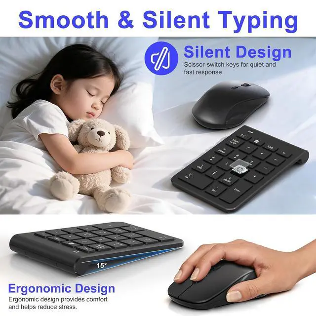 Alt view image 3 of 7 - Wireless Mouse and Number Pad Combo - 22 Key USB Keypad and 3 Adjustable DPI Silent Mouse, 2.4GHz Ultra Slim & Portable Numeric Keypad and Mouse Set for Laptop, PC, Desktop, Notebook, One USB Receiver