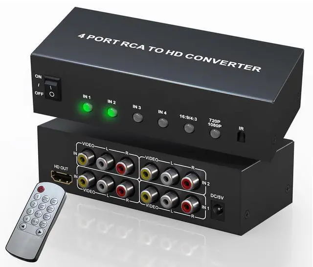 Main image of Multiple RCA to HDMI Converter - 4 Port Red White Yellow Composite Component to HDMI Converter for N64/Smart TV/AUX/PS2/PS3/VHS/VCR/DVD Players, Support 4:3/16:9 1080P/720P RCA AV to hdmi Switch