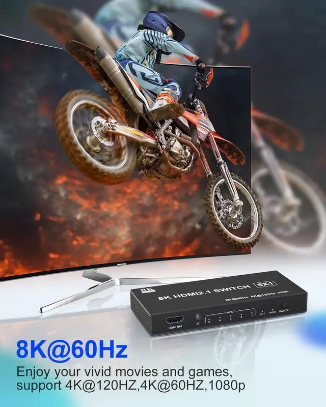 Alt view image 3 of 7 - HDMI Switch 4k@120Hz 8K@60Hz - 5 in 1 Out HDMI 2.1 Switch Box Port Expander Selector with Remote Support 3D/HDR/HDCP2.3, Compatible with PS 5/4/3 Xbox DVD Player TV PC HDMI Multiport Switcher