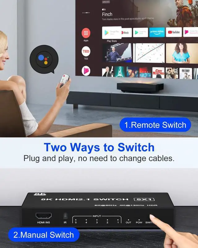 Alt view image 4 of 7 - HDMI Switch 4k@120Hz 8K@60Hz - 5 in 1 Out HDMI 2.1 Switch Box Port Expander Selector with Remote Support 3D/HDR/HDCP2.3, Compatible with PS 5/4/3 Xbox DVD Player TV PC HDMI Multiport Switcher