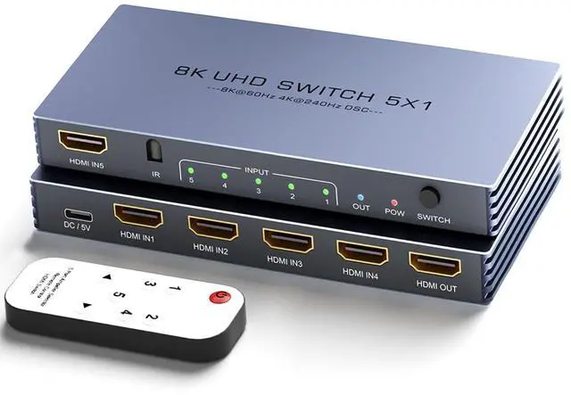 Main image of HDMI Switch 4K 240Hz - New Upgrade 5 in 1 Out 8K@60Hz 4K@240Hz HDMI Switch with Remote Support 3D/HDR/HDCP2.3, Compatible with PS5/4 Xbox Roku Apple TV Fire Stick 8k HDMI2.1 Switcher