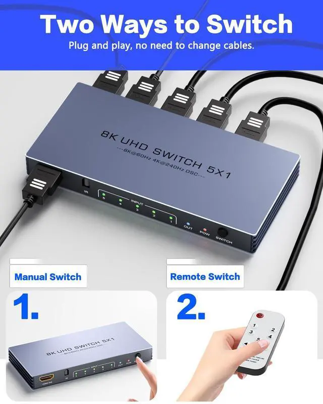 Alt view image 5 of 6 - HDMI Switch 4K 240Hz - New Upgrade 5 in 1 Out 8K@60Hz 4K@240Hz HDMI Switch with Remote Support 3D/HDR/HDCP2.3, Compatible with PS5/4 Xbox Roku Apple TV Fire Stick 8k HDMI2.1 Switcher