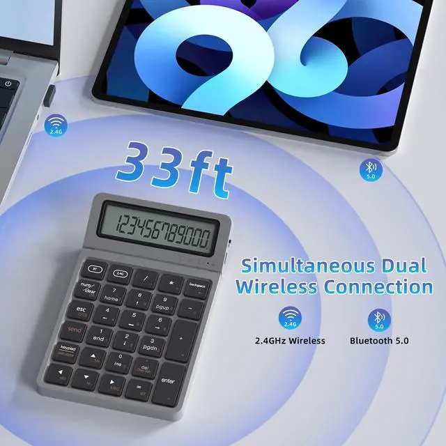 Alt view image 2 of 7 - 2-in-1 Wireless Bluetooth Number Pad, Bluetooth 5.0 & 2.4G Numeric Keypad with Calculator & Adjustable Screen, USB C Rechargeable Numpad for Laptop, Mac, iMac, Windows,Tablet, PC Desktop - 33ft Range