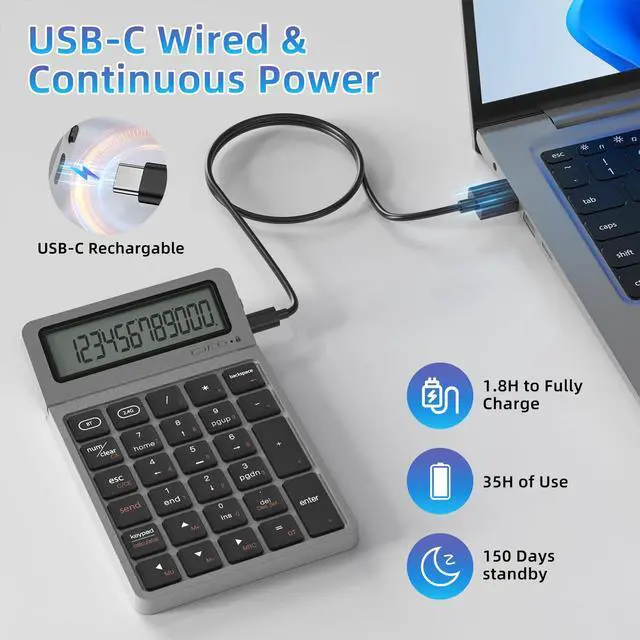 Alt view image 3 of 7 - 2-in-1 Wireless Bluetooth Number Pad, Bluetooth 5.0 & 2.4G Numeric Keypad with Calculator & Adjustable Screen, USB C Rechargeable Numpad for Laptop, Mac, iMac, Windows,Tablet, PC Desktop - 33ft Range