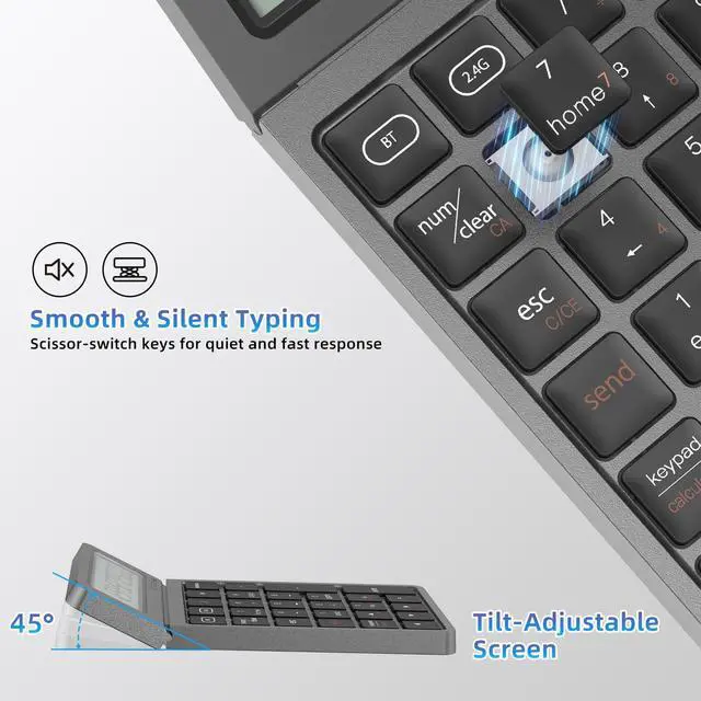 Alt view image 4 of 7 - 2-in-1 Wireless Bluetooth Number Pad, Bluetooth 5.0 & 2.4G Numeric Keypad with Calculator & Adjustable Screen, USB C Rechargeable Numpad for Laptop, Mac, iMac, Windows,Tablet, PC Desktop - 33ft Range