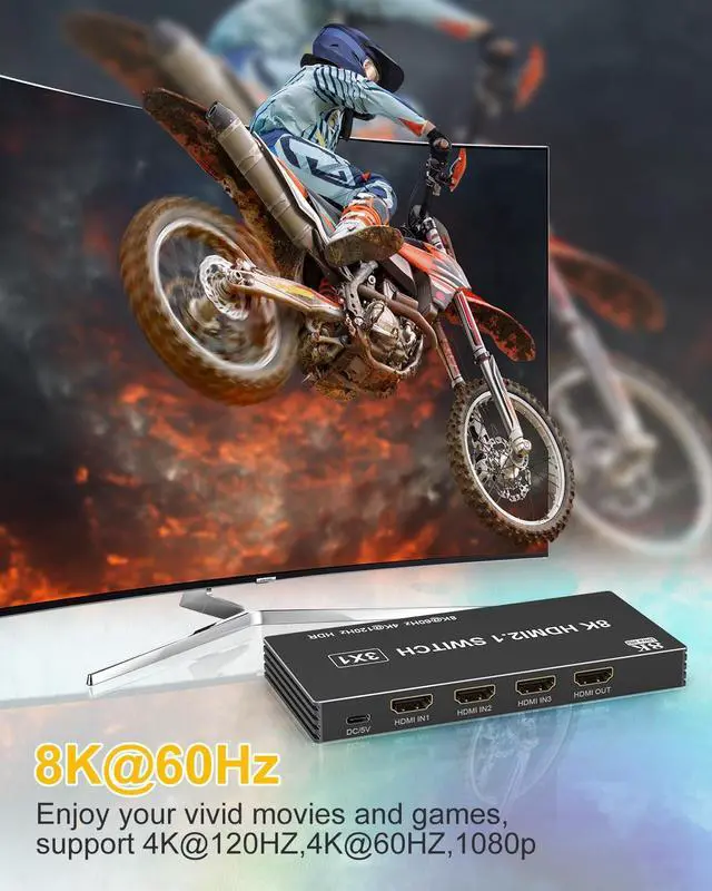 Alt view image 3 of 7 - HDMI Switch 4K 120Hz 8K 60Hz 3 in 1 Out HDMI 2.1 Switcher Box Port Expander Selector with Remote Support 3D/HDR/HDCP2.3, Compatible with PS 5/4/3 Xbox Switch DVD Player TV PC 4k 120Hz HDMI Splitter
