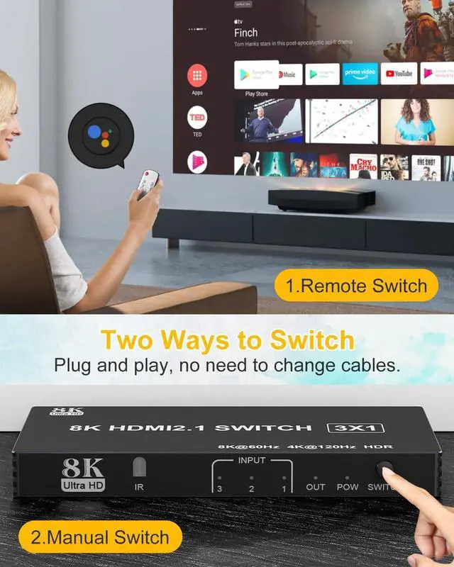 Alt view image 4 of 7 - HDMI Switch 4K 120Hz 8K 60Hz 3 in 1 Out HDMI 2.1 Switcher Box Port Expander Selector with Remote Support 3D/HDR/HDCP2.3, Compatible with PS 5/4/3 Xbox Switch DVD Player TV PC 4k 120Hz HDMI Splitter