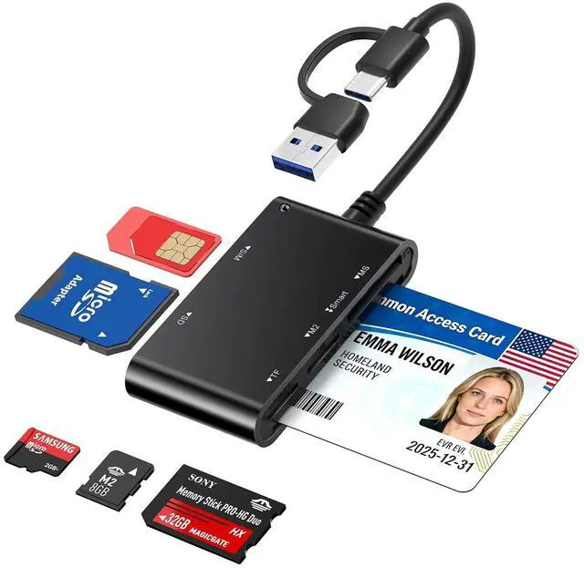Main image of 7-in-1 Smart Card Reader with USB-C & USB-A - Military CAC & PIV Card Reader, SIM Card Adapter, SD/TF/Memory Stick Pro Duo/M2/MMC Memory Card Reader for Windows, Mac, Linux Plug and Play