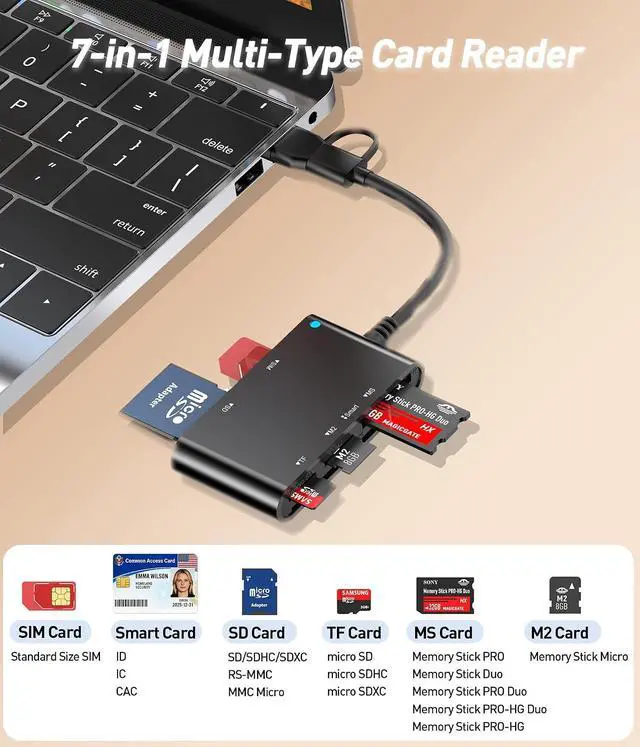 Alt view image 2 of 7 - 7-in-1 Smart Card Reader with USB-C & USB-A - Military CAC & PIV Card Reader, SIM Card Adapter, SD/TF/Memory Stick Pro Duo/M2/MMC Memory Card Reader for Windows, Mac, Linux Plug and Play