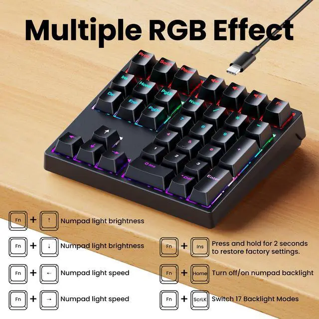 Alt view image 6 of 7 - Mechanical Number Pad - Hot Swappable Numpad Wired USB Numeric Keypad with RGB LED Backlit 34 Key Numpad, Mechanical USB Wired Numeric Keypad for Laptop Desktop Computer PC(2-level Tilt, Blue Switch)