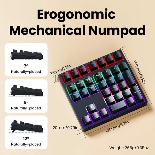 Alt view image 7 of 7 - Mechanical Number Pad - Hot Swappable Numpad Wired USB Numeric Keypad with RGB LED Backlit 34 Key Numpad, Mechanical USB Wired Numeric Keypad for Laptop Desktop Computer PC(2-level Tilt, Blue Switch)