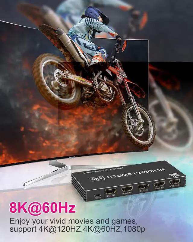 Alt view image 4 of 7 - HDMI Switcher 4 in 1 Out - 4 Port 8K HDMI 2.1 Switch with Remote, Supports 8K@60Hz, 4K@120Hz, HDR10+, VRR, 3D, HDCP2.3 Compatible with PS5, Xbox, Fire Stick, Projector, Monitor HDMI Splitter
