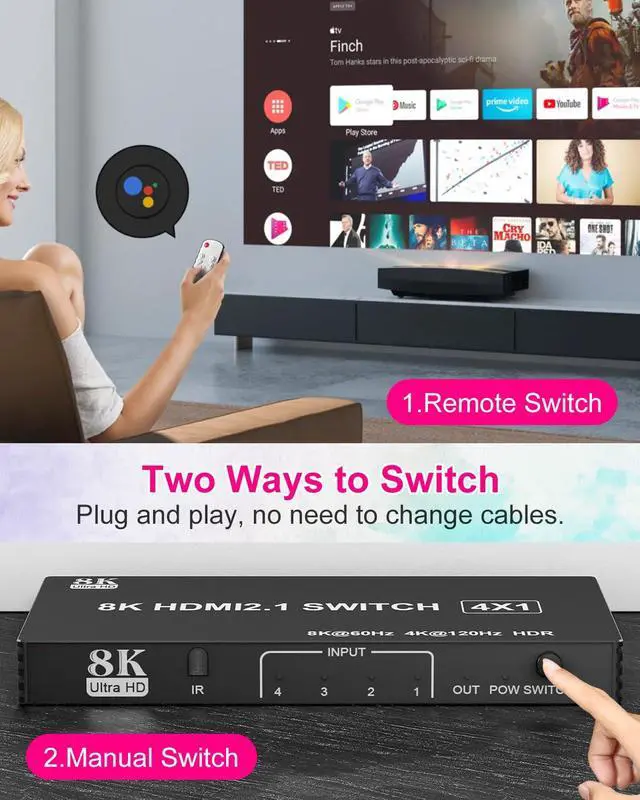 Alt view image 3 of 7 - HDMI Switcher 4 in 1 Out - 4 Port 8K HDMI 2.1 Switch with Remote, Supports 8K@60Hz, 4K@120Hz, HDR10+, VRR, 3D, HDCP2.3 Compatible with PS5, Xbox, Fire Stick, Projector, Monitor HDMI Splitter