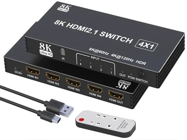 Main image of HDMI Switcher 4 in 1 Out - 4 Port 8K HDMI 2.1 Switch with Remote, Supports 8K@60Hz, 4K@120Hz, HDR10+, VRR, 3D, HDCP2.3 Compatible with PS5, Xbox, Fire Stick, Projector, Monitor HDMI Splitter