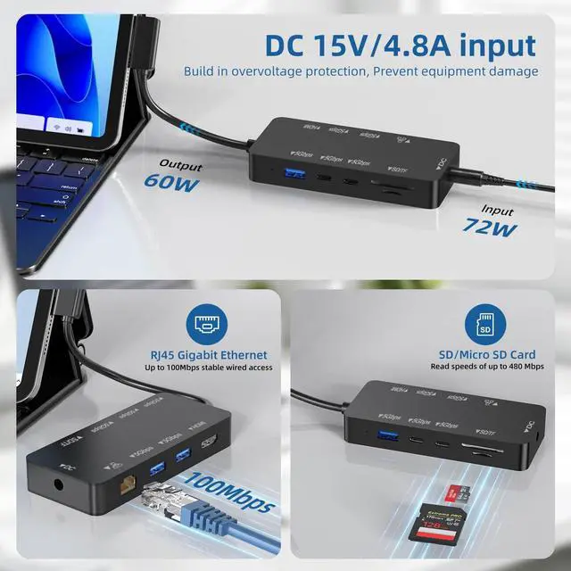 Alt view image 6 of 7 - Surface Docking Station, 10-in-1 Surface Pro Dock with 4K@60Hz HDMI, Gigabit RJ45 Ethernet, 3 USB 3.0, 2 USB-C, SD/TF Card Slot, Magnetic Surface Dock for Surface Pro 11/10/9/8/X/7+, Surface Laptop/Go