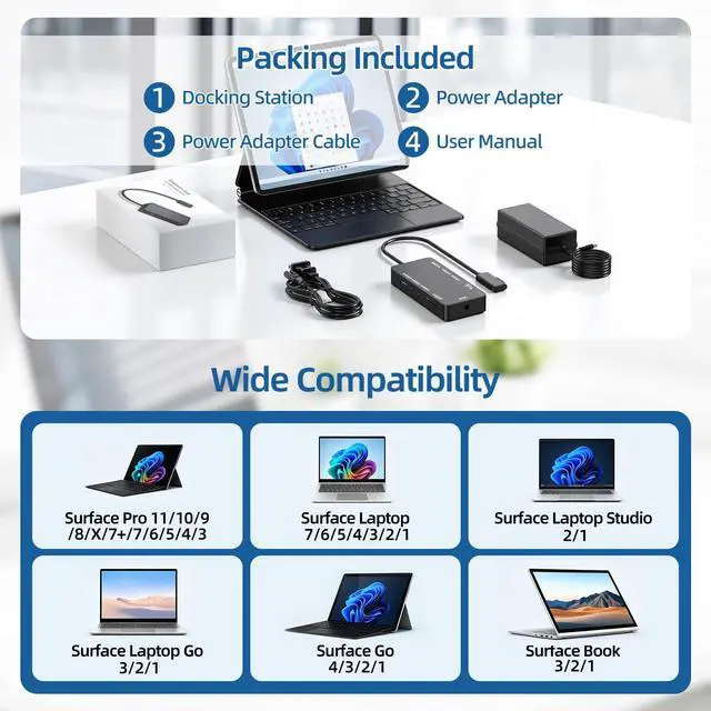 Alt view image 5 of 7 - Surface Docking Station, 10-in-1 Surface Pro Dock with 4K@60Hz HDMI, Gigabit RJ45 Ethernet, 3 USB 3.0, 2 USB-C, SD/TF Card Slot, Magnetic Surface Dock for Surface Pro 11/10/9/8/X/7+, Surface Laptop/Go