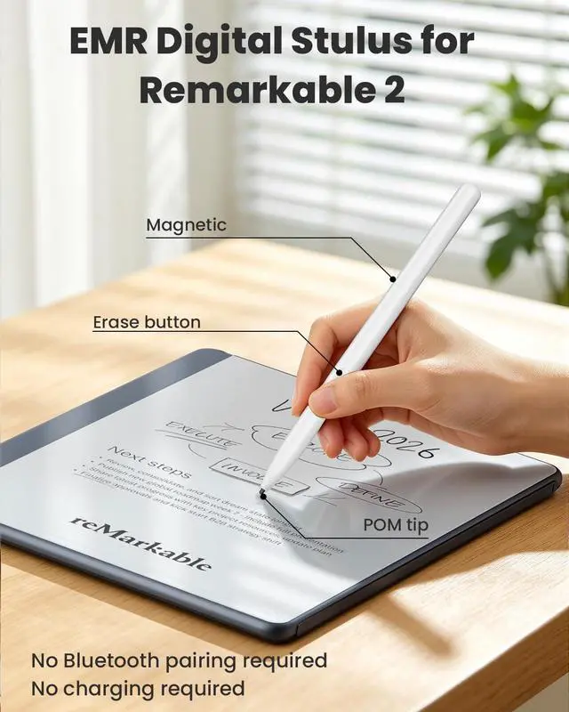 Alt view image 2 of 7 - Magnetic Stylus for Remarkable 2 Pen - EMR Stylus Pen for Remarkable 2/1 with Eraser, 4096 Pressure Levels, Palm Rejection, Tilt Support, 5 Replaceable Tips, No Charging or Bluetooth Required