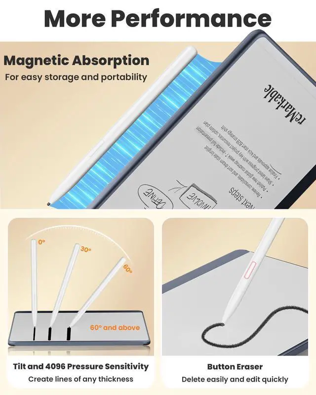 Alt view image 6 of 7 - Magnetic Stylus for Remarkable 2 Pen - EMR Stylus Pen for Remarkable 2/1 with Eraser, 4096 Pressure Levels, Palm Rejection, Tilt Support, 5 Replaceable Tips, No Charging or Bluetooth Required