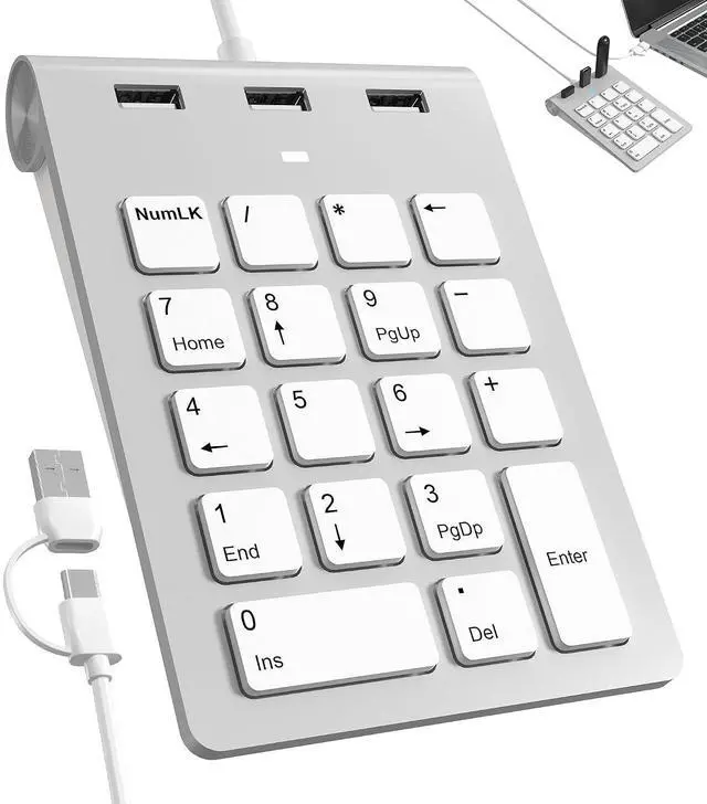 Main image of 2 in 1 USB & USB-C Number Pad with USB Hub for Laptop/PC, 15° Ergonomic