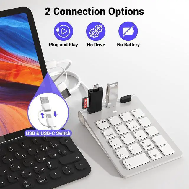 Alt view image 3 of 7 - 2 in 1 USB & USB-C Number Pad with USB Hub for Laptop/PC, 15° Ergonomic