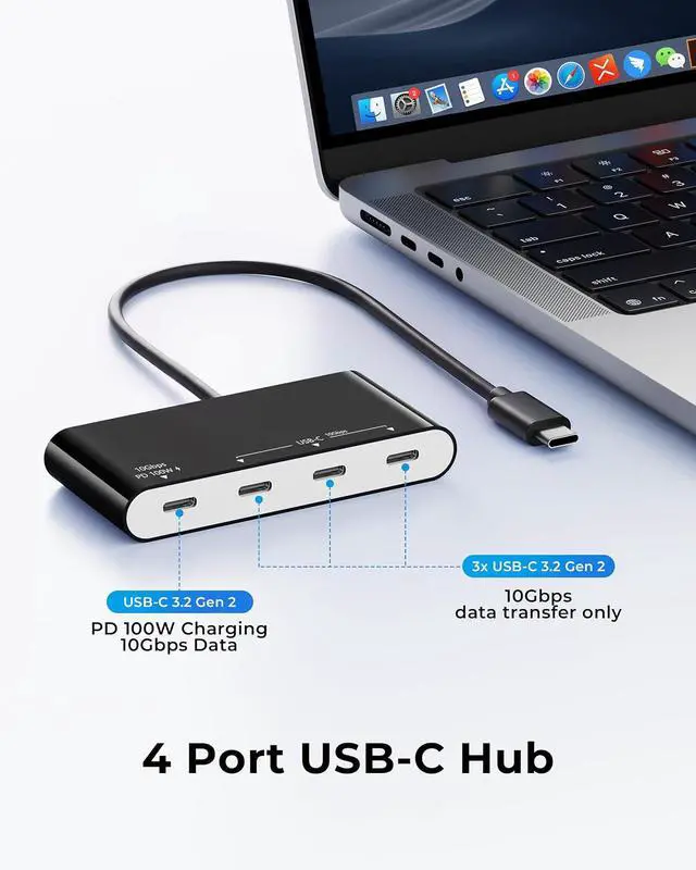 Alt view image 2 of 7 - 100W 10Gbps Multiport USB-C Hub Adapter for Laptop, iPad, PC, & Phone