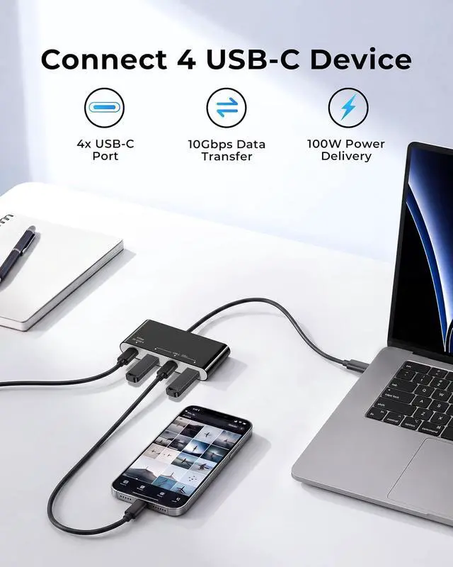 Alt view image 4 of 7 - 100W 10Gbps Multiport USB-C Hub Adapter for Laptop, iPad, PC, & Phone