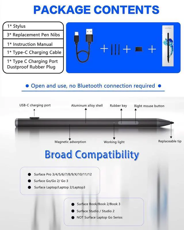 Alt view image 2 of 7 - Surface Pencil - Stylus for Surface Pro 12/11/10/X/9/8/7/7+/6/5/Go 3/Go 2/Book/Laptop 5/Studio 2 with 4Nibs, 4096 Pressure Sensitivity Palm Rejection Rehargeable Surface Pro Pen Stylus