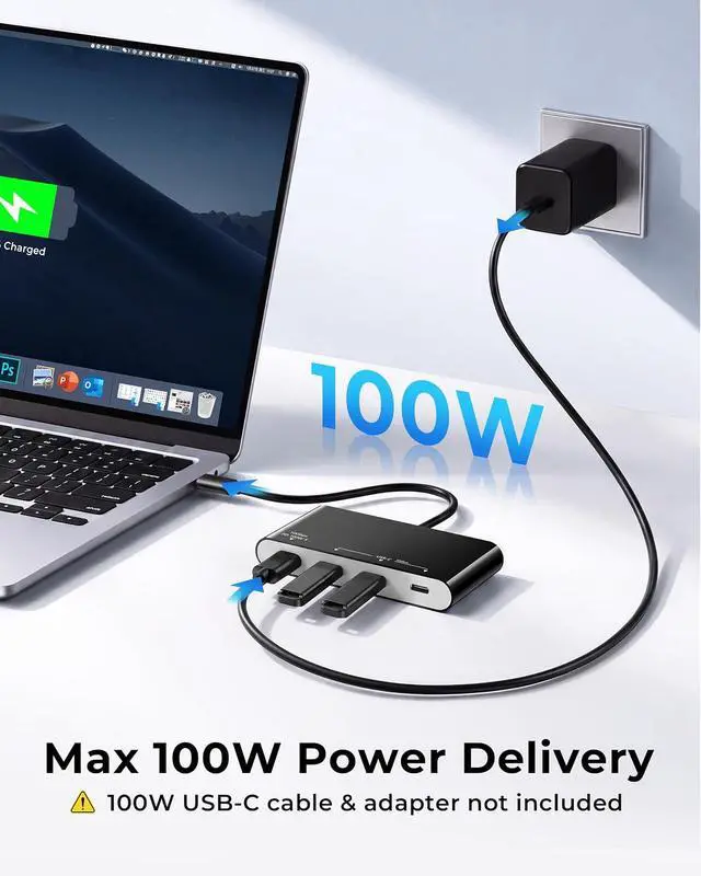 Alt view image 3 of 7 - 100W 10Gbps Multiport USB-C Hub Adapter for Laptop, iPad, PC, & Phone
