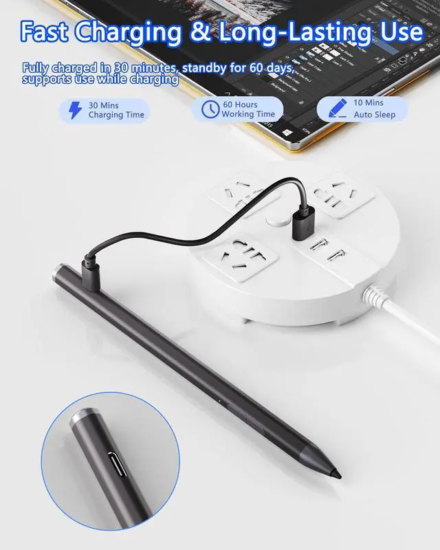 Alt view image 3 of 7 - Surface Pencil - Stylus for Surface Pro 12/11/10/X/9/8/7/7+/6/5/Go 3/Go 2/Book/Laptop 5/Studio 2 with 4Nibs, 4096 Pressure Sensitivity Palm Rejection Rehargeable Surface Pro Pen Stylus