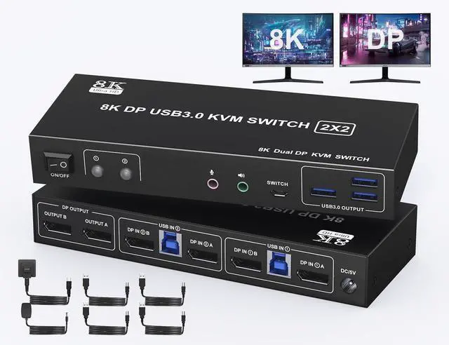 Main image of Displayport KVM Switch 2 Monitors 2 Computers with Audio Jack - 8k@60HZ 4K@144Hz Dual Monitor Kvm Switch with 3 USB 3.0 Port Sharing Keyboard Mouse, Included Wired Remote 2 Cables Displayport Switch