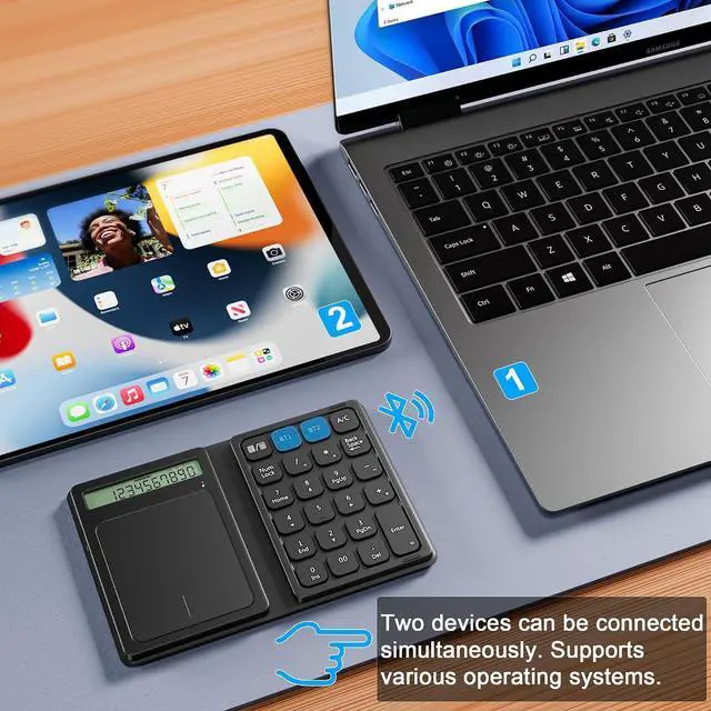 Alt view image 5 of 7 - Bluetooth Number Pad, Foldable 2.4G Wireless Numeric Keypad with Display Calculator & Touchpad, Wireless Number Pad Slim 23 Keys Portable Financial Accounting Numpad Keyboard for PC Laptop Desktop