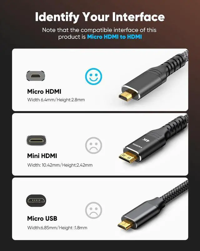 Alt view image 5 of 7 - 4K Micro HDMI to HDMI Cable Black 3 FT, 4K@60Hz