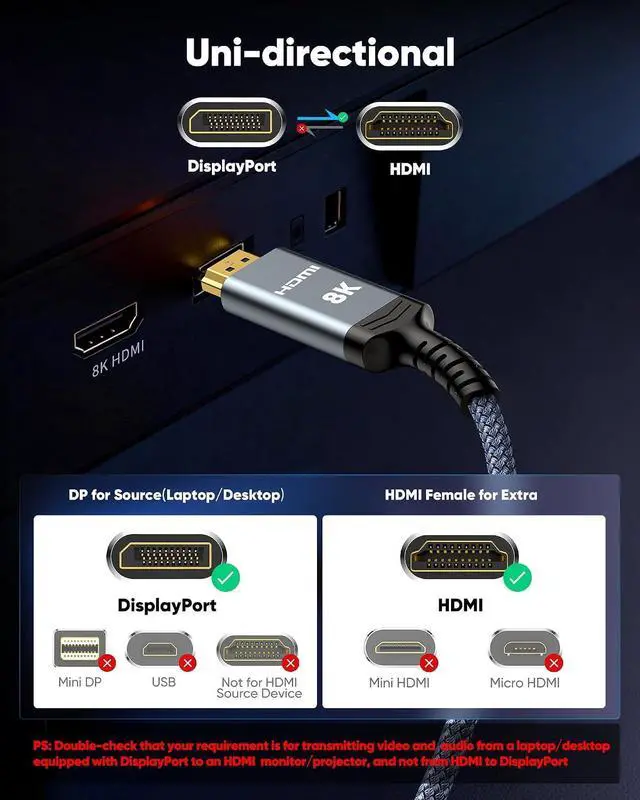Alt view image 6 of 7 - Active 8K DisplayPort to HDMI 2.1 Cable 5FT, Uni-Directional