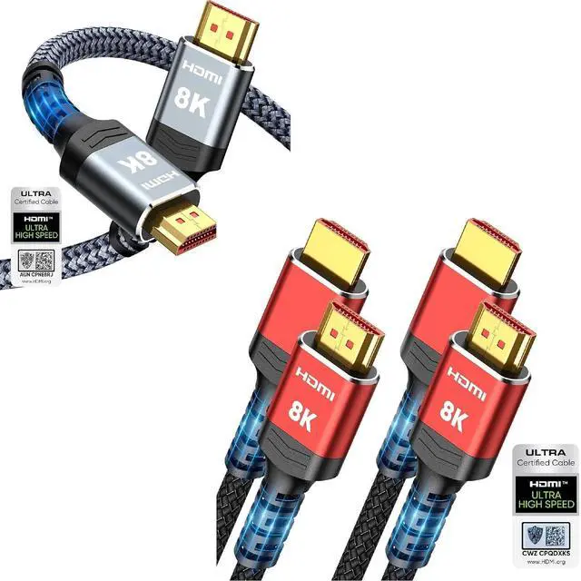 Main image of 8K 10K 4K HDMI Cable 48Gbps 6.6FT/2M 3 Pack (1 Grey + 2 Red)