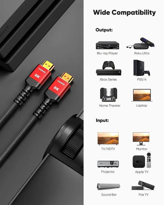 Alt view image 7 of 7 - 8K 10K 4K HDMI Cable 48Gbps 6.6FT/2M 3 Pack (1 Grey + 2 Red)