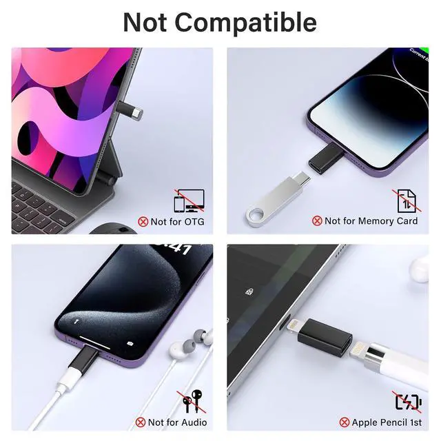 Alt view image 4 of 7 - USB C Type C to Lightning Adapter 4 Pack 1.8-2.2A 15W Fast Charging Support Data Sync,Lightning to USB Type C Cable Adapter for iPhone/iPad/for Airpods,with Anti-Lost Loop,Not for Audio/OTG (Black)