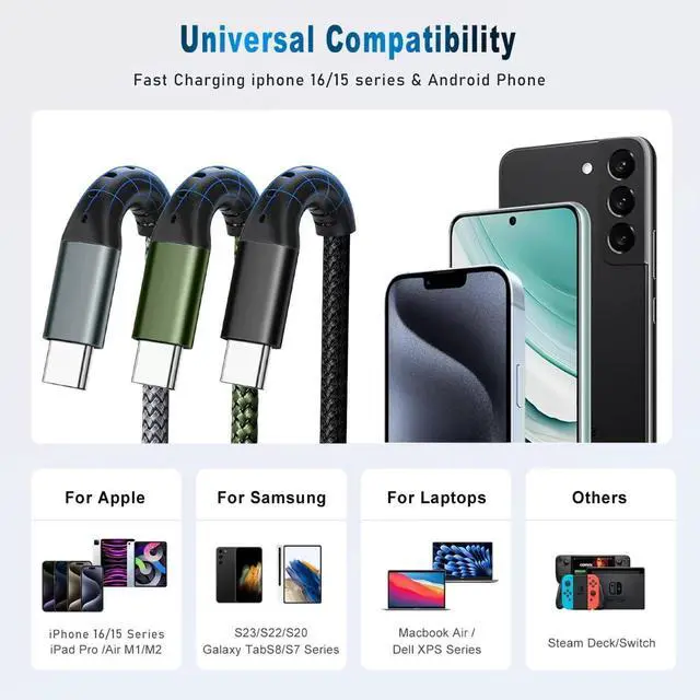 Alt view image 7 of 7 - USB-C to USB-C 60W 6FT 3-Pack, Nylon Braided Fast Charging Cable