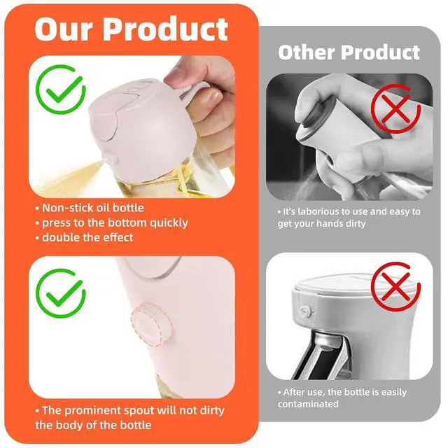 Alt view image 7 of 7 - 16oz/470ml Glass Olive Oil Sprayer for Cooking - 2 in 1 Olive Oil Dispenser for Kitchen Gadgets, Air Fryer, Salad, and BBQ - Peach