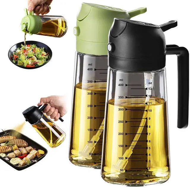 Main image of 16oz/470ml Glass Olive Oil Sprayer for Cooking 2 in 1 Olive Oil Dispenser Bottle for Kitchen Gadgets and Air Fryer Accessories, Salad, BBQ - Black & Green