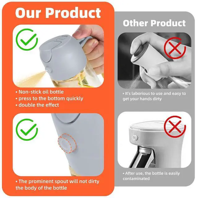 Alt view image 7 of 7 - 16oz/470ml Glass Olive Oil Sprayer for Cooking 2 in 1 Olive Oil Dispenser Bottle for Kitchen Gadgets and Air Fryer Accessories, Salad, BBQ - Ash