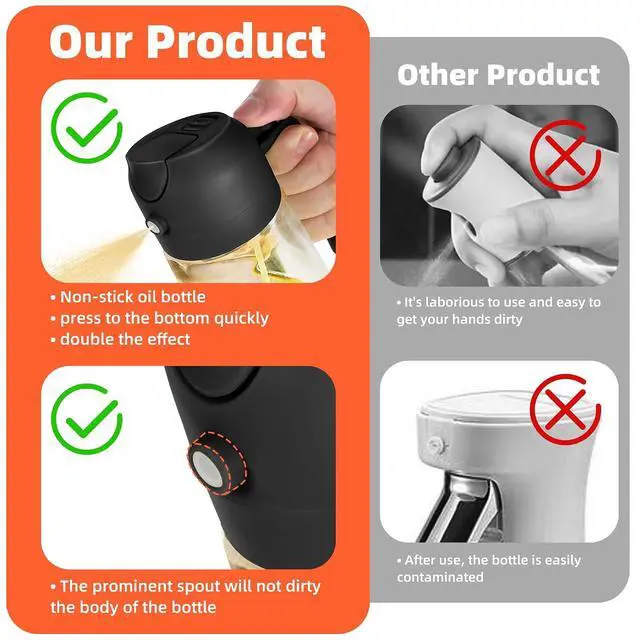 Alt view image 7 of 7 - 16oz/470ml Glass Olive Oil Sprayer for Cooking 2 in 1 Olive Oil Dispenser Bottle for Kitchen Gadgets and Air Fryer Accessories, Salad, BBQ - Black