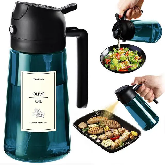Main image of 16oz/470ml Blue Glass Olive Oil Sprayer for Cooking - 2 in 1 Olive Oil Dispenser for Kitchen Gadgets, Air Fryer, Salad, and BBQ - Black