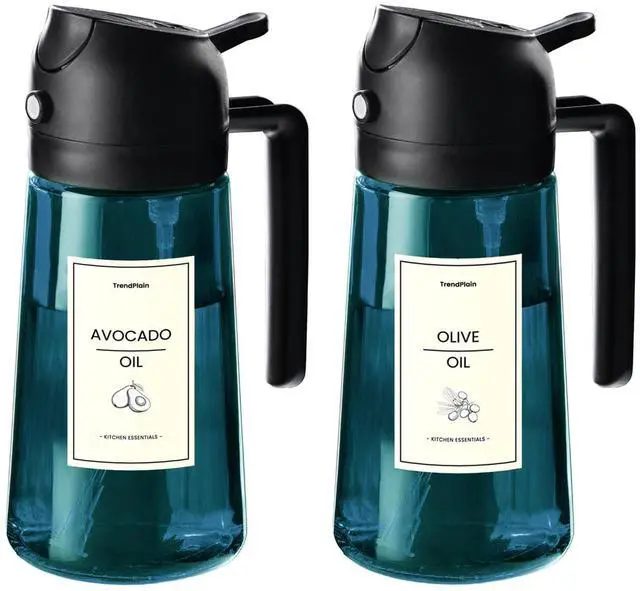 Main image of 16oz/470ml Blue Glass Olive Oil Sprayer for Cooking - 2 in 1 Olive Oil Dispenser for Kitchen Gadgets, Air Fryer, Salad, and BBQ - 2 Black