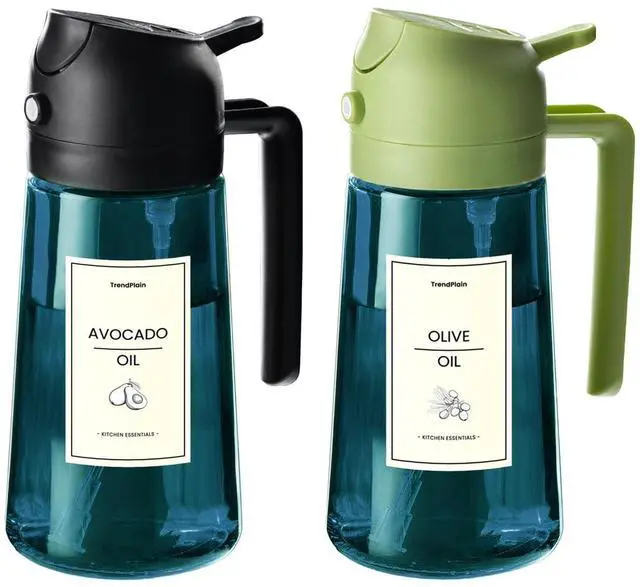 Main image of 16oz/470ml Blue Glass Olive Oil Sprayer for Cooking - 2 in 1 Olive Oil Dispenser for Kitchen Gadgets, Air Fryer, Salad, and BBQ - Black & Green