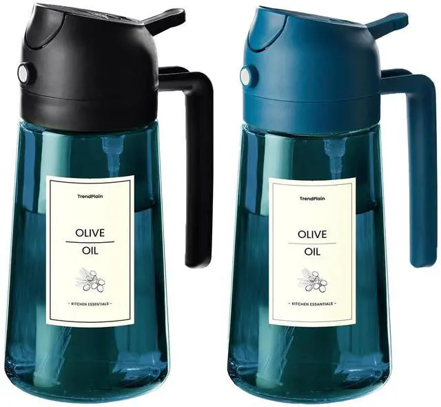 Main image of 16oz/470ml Blue Glass Olive Oil Sprayer for Cooking - 2 in 1 Olive Oil Dispenser for Kitchen Gadgets, Air Fryer, Salad, and BBQ (1 Pack, Black & Navy)